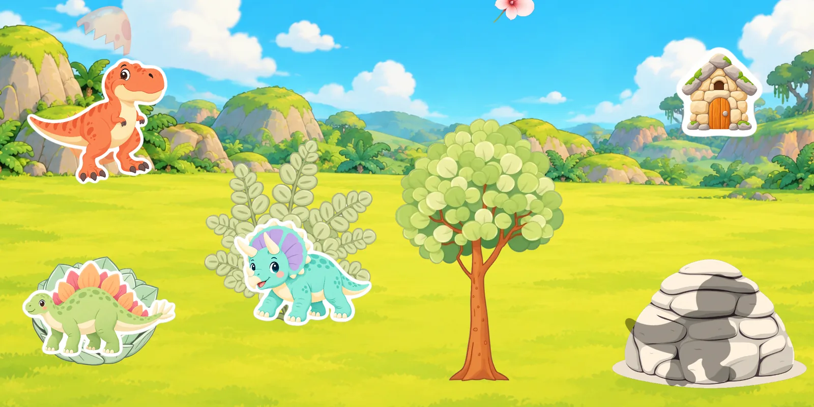 Gameplay in the valley: a baby T. rex has just hatched from its egg and its shadow lights up on the stone cave, while the Triceratops and the Stegosaurus already sit at their homes