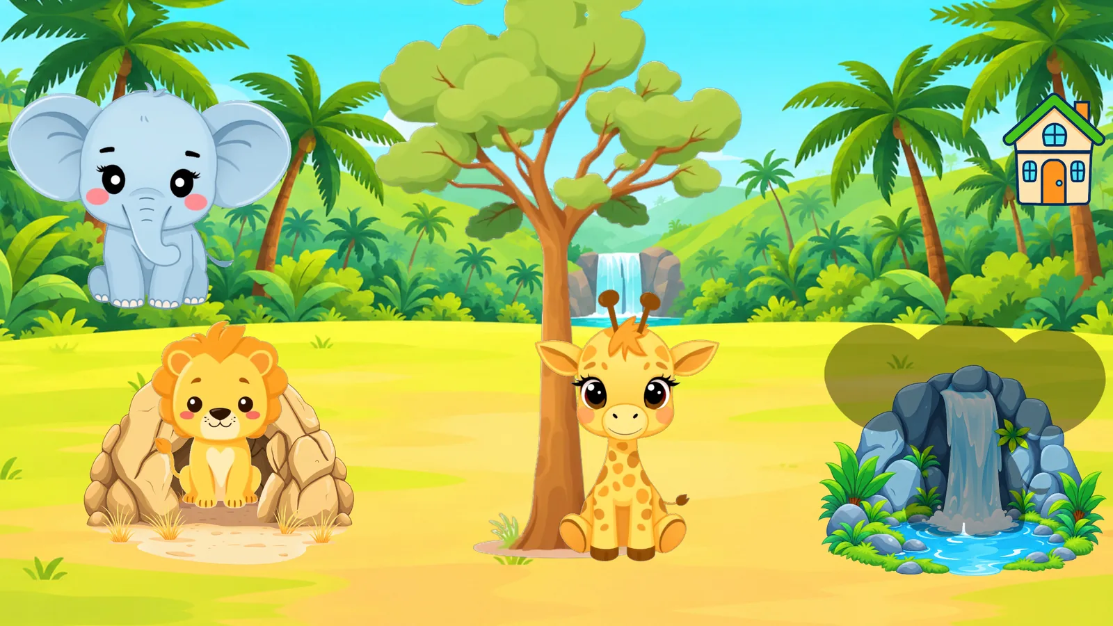 Gameplay in the jungle: an elephant waits to be placed while the lion sits in its cave, the giraffe by its tree and the waterfall shows the elephant's shadow