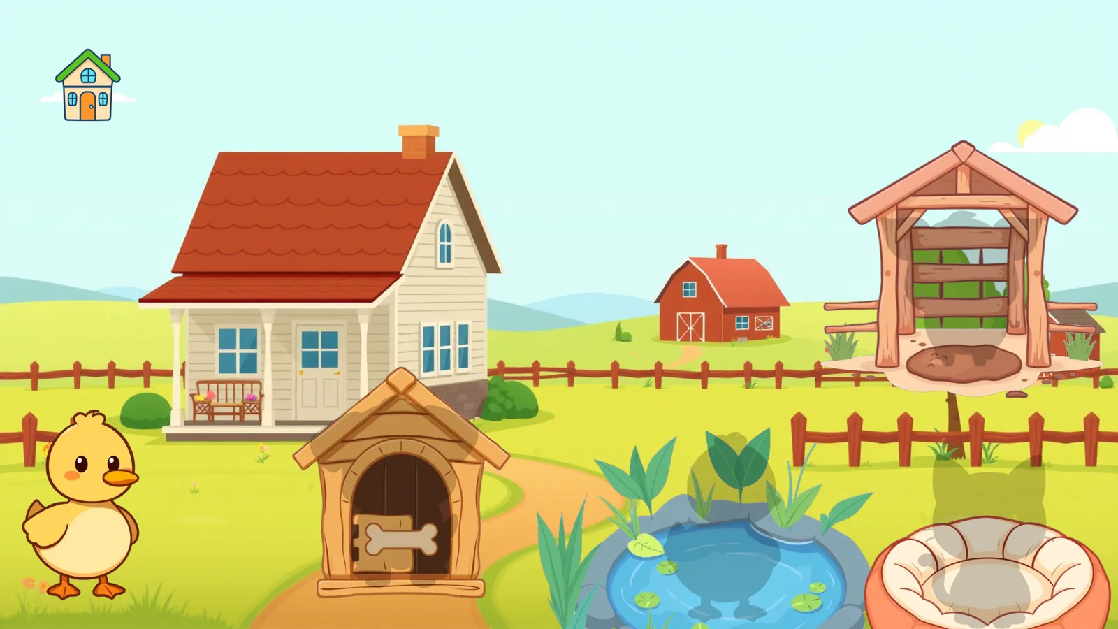 Gameplay: a duck waits next to a farm with a dog house, a pond and a cat bed showing animal silhouettes
