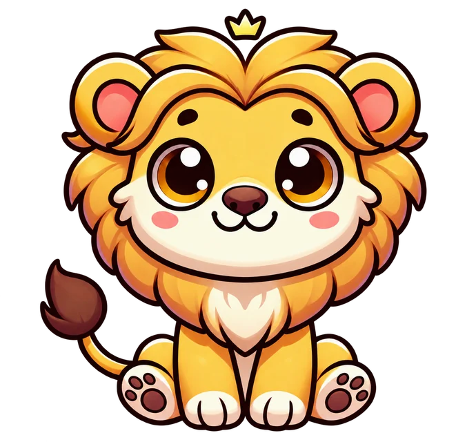 Puko, a smiling cartoon lion cub